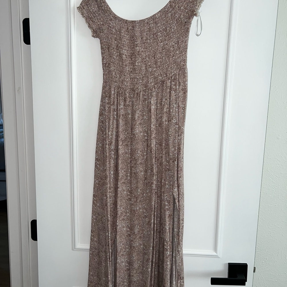 SHEIN Tan and Cream Smocked Tiered Maxi Dress
